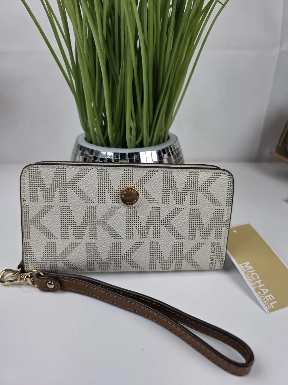 Michael Kors White Logo Wristlet Wallet Phone Case NWT